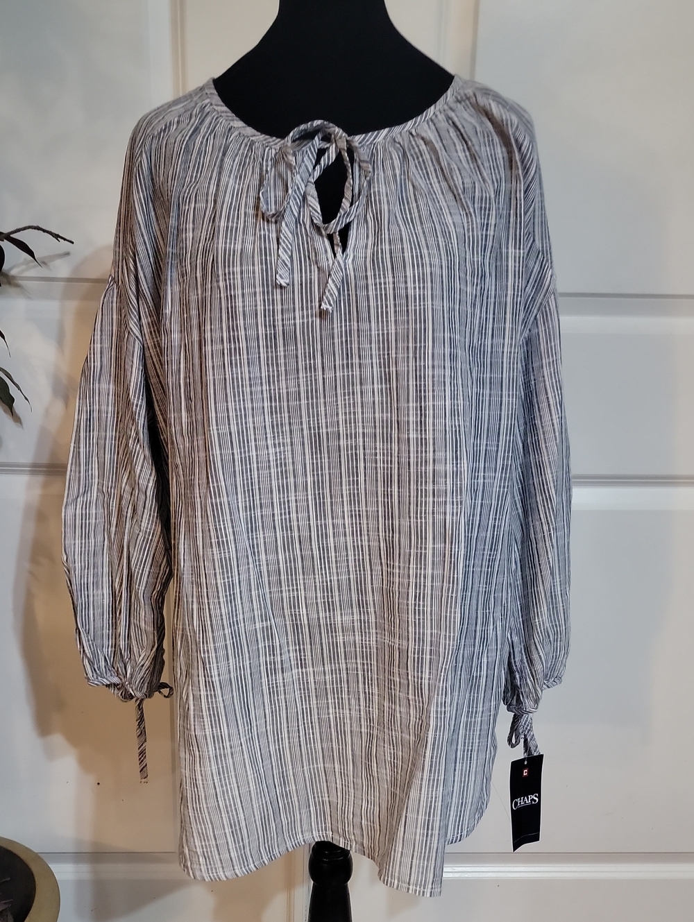 Chaps Gray and White Striped Tie-Neck Peasant Tunic